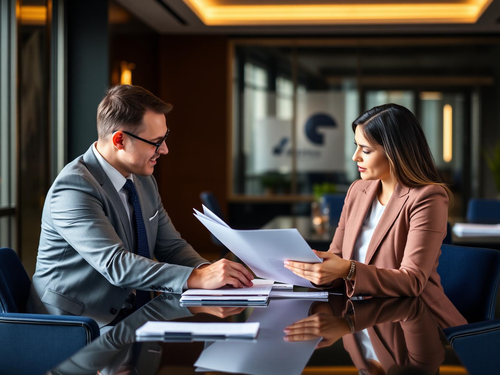 Professionals reviewing business documents in a modern office